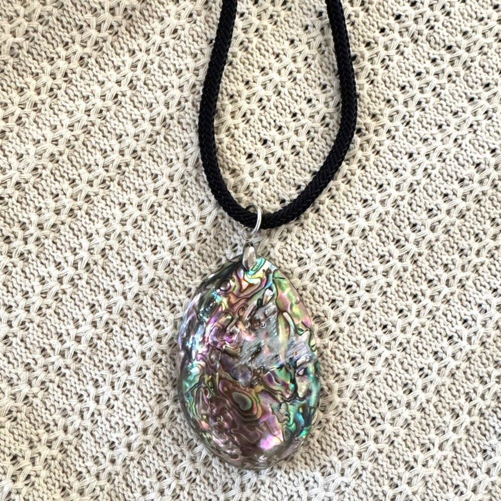 Large Abalone Shell Pendant Necklace Iridescent Paua Statement 18” Black Cord